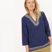 Embroidered Blouse with Grandad Collar and 3/4 Sleeves