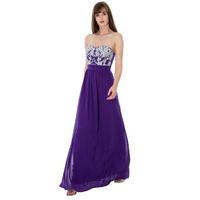 Embroidered Bandeau Pleated Waist Chiffon Maxi Dress - Purple