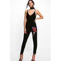 Embroidered Skinny Stretch Crepe Trousers - black