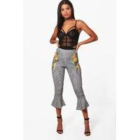 Embroidered Gingham Ruffle Hem Trousers - yellow