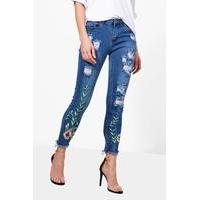 Embroidery Distressed Skinny Jeans - mid blue