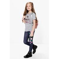 Embroidered Print Denim Look Legging - blue