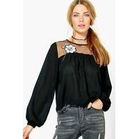 Embroidered Mesh Panel Blouse - black