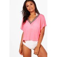 Embroidered Tape Slouch Beach Top - pink