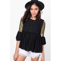 Embroidered Mesh Woven Top - black