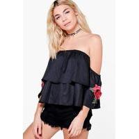 Embroidered Rose Bardot Top - black