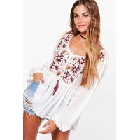 Embroidered Tassel Front Blouse - cream