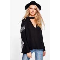 Embroidered Sleeve Choker Blouse - black
