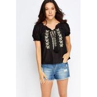 Embroidered Contrast Tie Neck Top