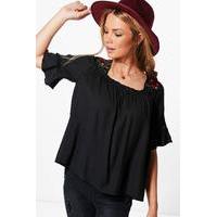 Embroidered Ruffle Sleeve Shell Top - black
