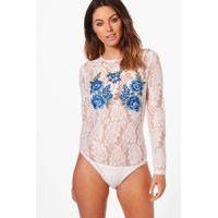 Embroidered Lace Long Sleeve Bodysuit - white