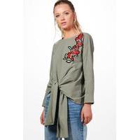 Embroidered Tie Front Blouse - khaki