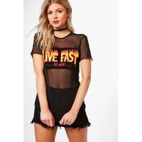 Emma Live Fast Slogan Mesh T-shirt - black