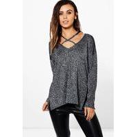 Emily Glitter Knit Plunge Strappy Jumper - silver