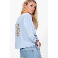 Embroidered Back Tie Front Blouse - blue