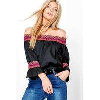 embroidered trim bardot top black