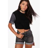 Emma Glitter Sleeve Crop Tee - black