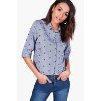 embroidered gingham boxy tailored shirt blue