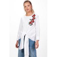 embroidered tie front blouse white