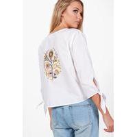 embroidered back tie front blouse white