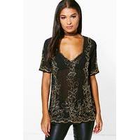 Embellished Plunge T-Shirt - black