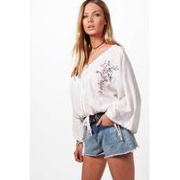 Embroidered Zip Front Blouse - white