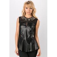 Embellished Neckline Faux Leather Peplum Top