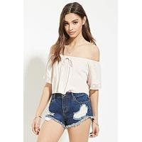 Embroidered Mesh-Trim Crop Top