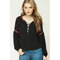 Embroidered Lace-Up Peasant Top