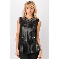 embellished neckline faux leather peplum top