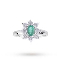 Emerald And Diamond Cluster Ring In 18ct White Gold - Ring Size J