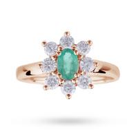 emerald and diamond cluster ring in 18 carat rose gold ring size k