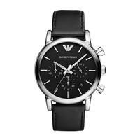 Emporio Armani men\'s chronograph black leather strap watch