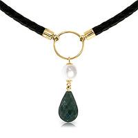 Emerald and Pearl Leather Pendant Necklace 10.8ctw in 9ct Gold