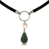 Emerald and Pearl Leather Pendant Necklace 10.8ctw in 9ct White Gold