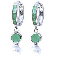 Emerald and Pearl Huggie Earrings 4.65ctw in 9ct White Gold