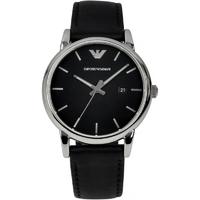 emporio armani gents stainless steel round black dial black leather st ...
