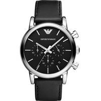 Emporio Armani Gents Stainless Steel Round Black Dial Black Leather Strap Watch AR1733
