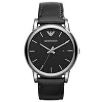 emporio armani gents stainless steel round black dial black leather st ...