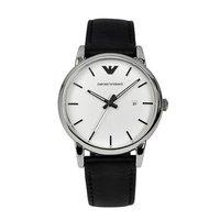 Emporio Armani Gents Black Leather and White Round Dial Watch