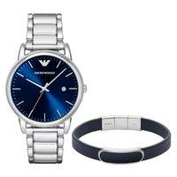 Emporio Armani Mens Dress Silver Watch and Blue Bracelet Gift Set