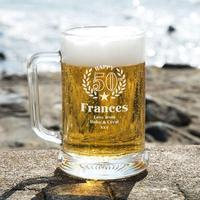 engraved 50th wreath personalised glass beer tankard special offer