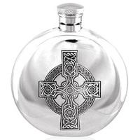 English Pewter 6oz Round Celtic Cross Flask