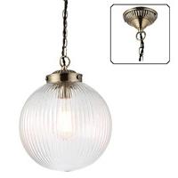 Endon 71123 Brydon 1 Light Ceiling Pendant In Clear Ribbed Glass And Antique Brass - Diameter: 250mm