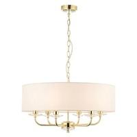 Endon 70561 Nixon 6 Light Ceiling Pendant In Brass With Crystal And Vintage white Faux Silk Shade