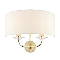 Endon 70562 Nixon 2 Light Wall Light In Brass WIth Crystal Glass And Vintage White Faux Silk Shade