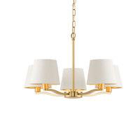 Endon 67734 Harvey 5 Light Ceiling Pendant In Brushed Gold With Vintage White Faux Silk Shades