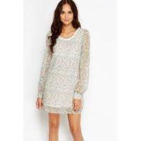 Encrusted Neck Printed Shift Dress