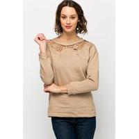 Encrusted Cut-Out Neckline Sweater