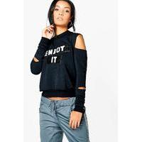 Enjoy It Sequin Patch Cut Sleeve Sweat - black